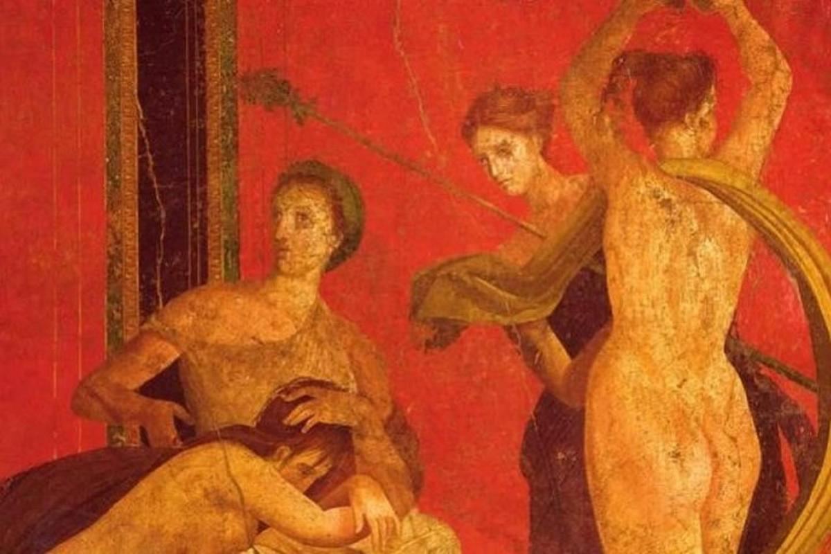 un dipinto di una donna e due uomini davanti a uno specchio