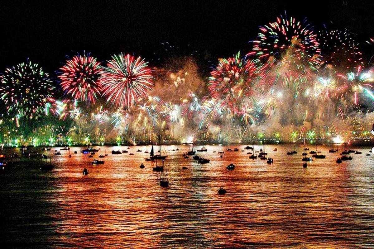 un grup d'ànecs nedant a l'aigua amb focs artificials
