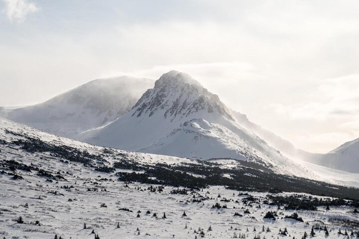 una montagna coperta di neve con un gruppo di persone di fronte