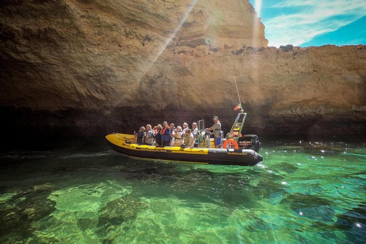 a group of people on a raft in the water