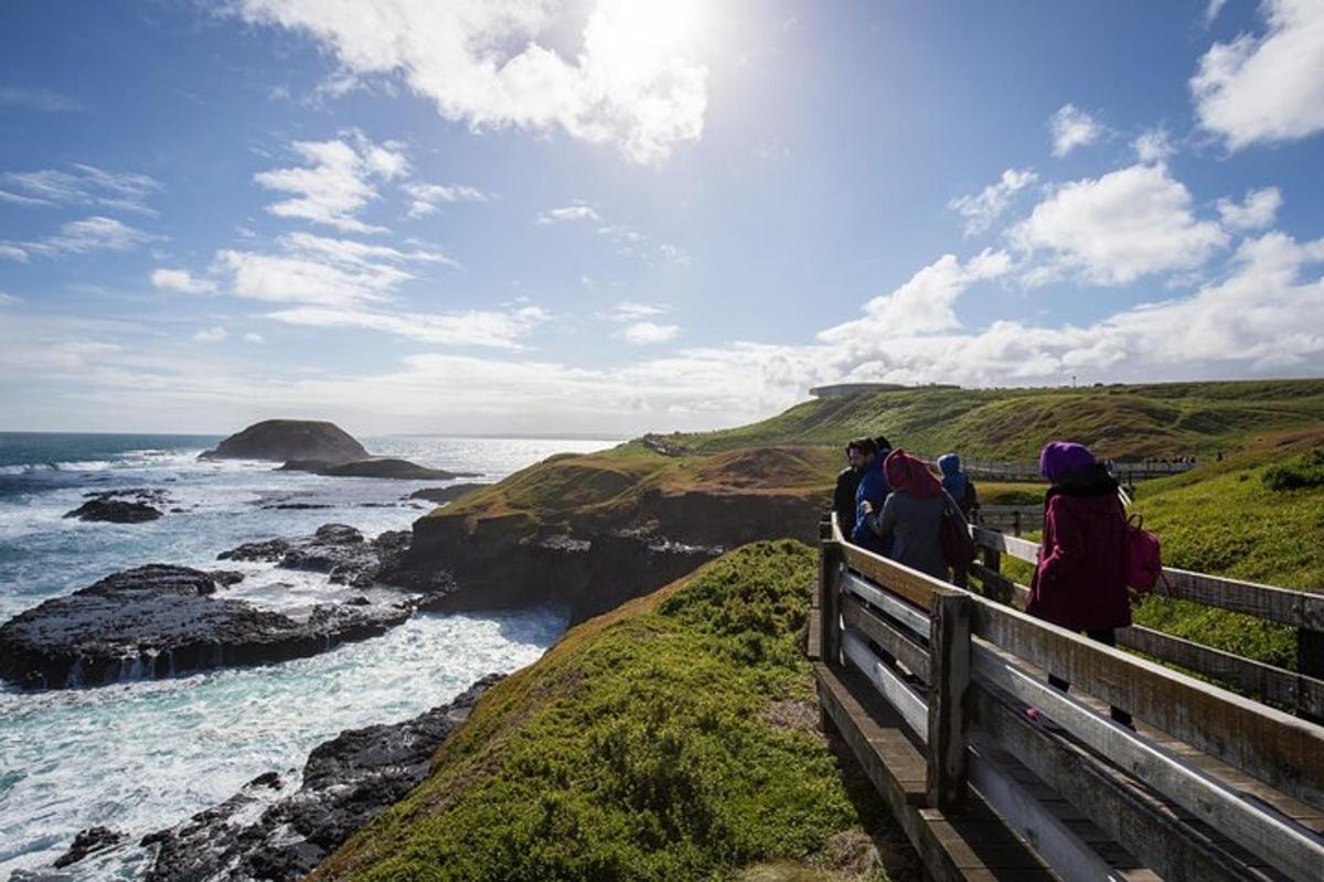 a group of people standing on a fence looking at the ocean