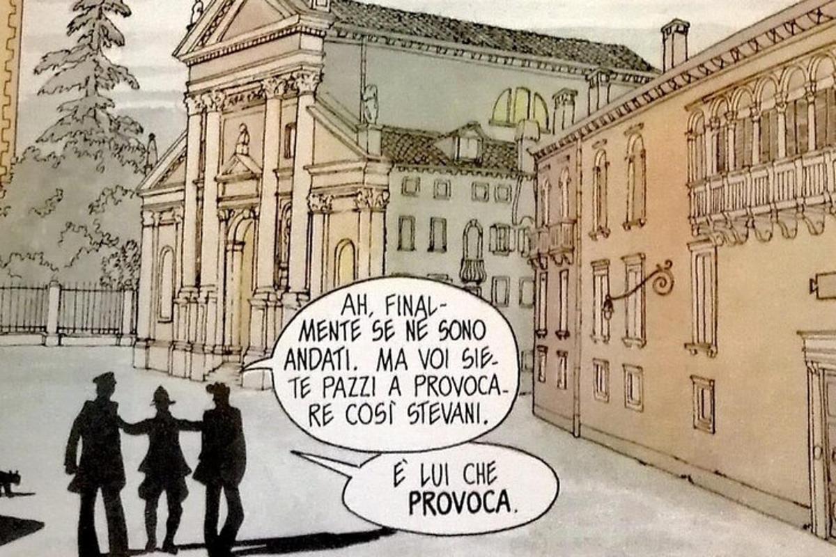 joonistus kahest inimesest, kes kõnnivad hoone ees