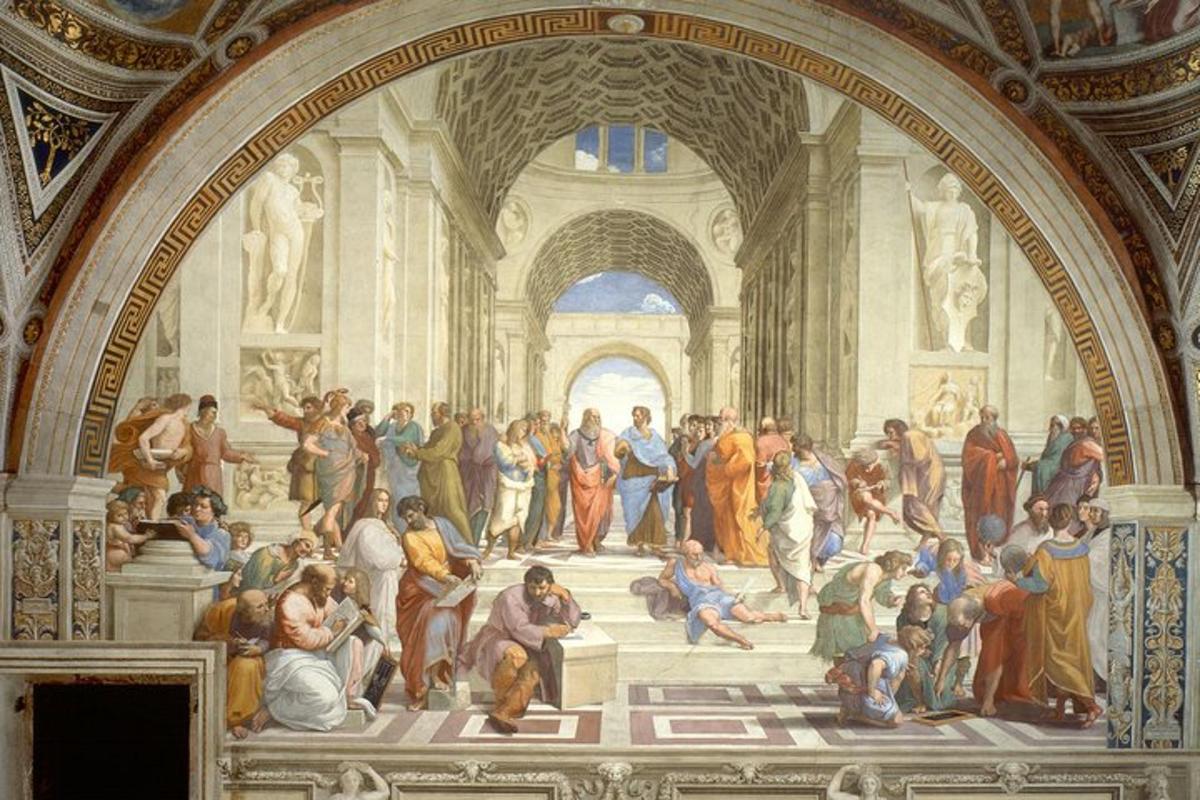 a painting of a group of people in a building