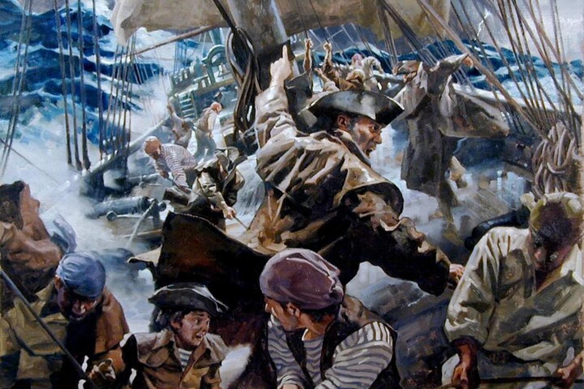 a painting of a painting of troops on a ship