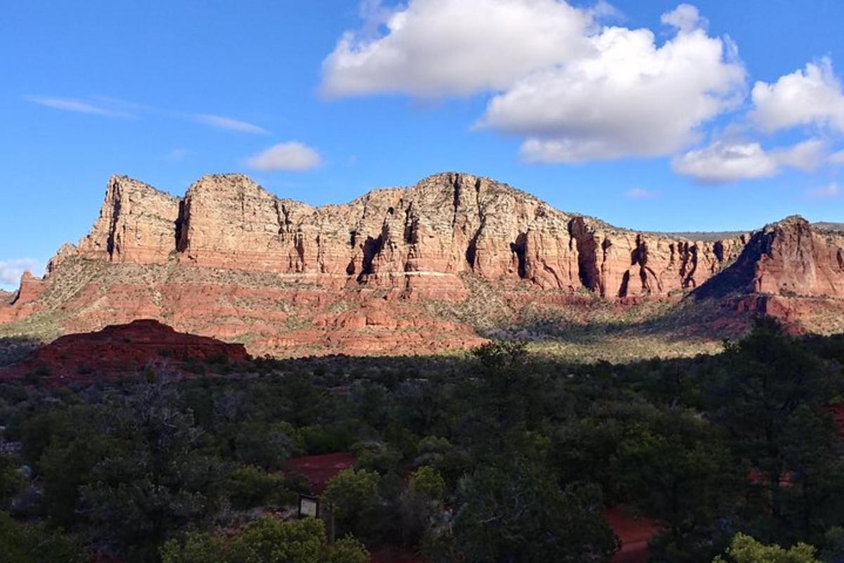 una gran muntanya de roca amb arbres al davant