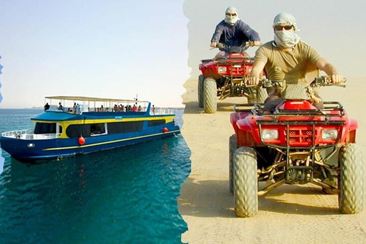 zwei Männer auf Geländefahrzeugen und einem Boot am Strand