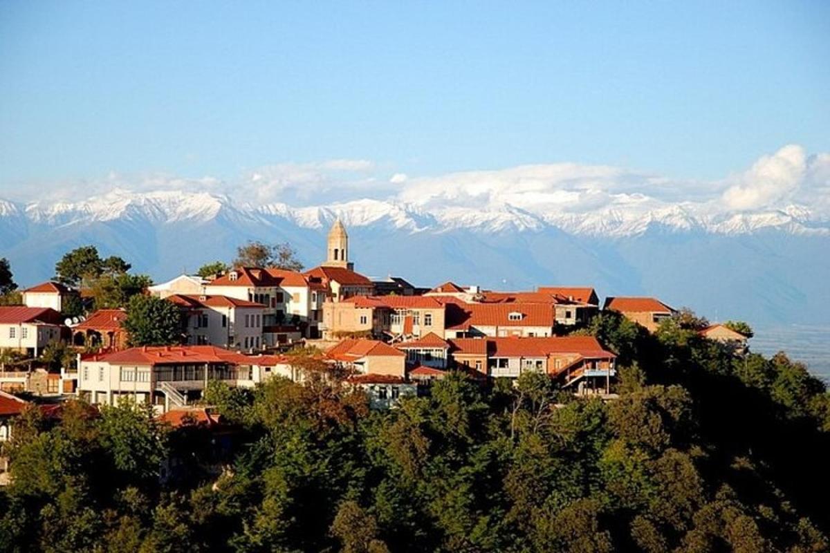 a town on a hill with mountains in the background