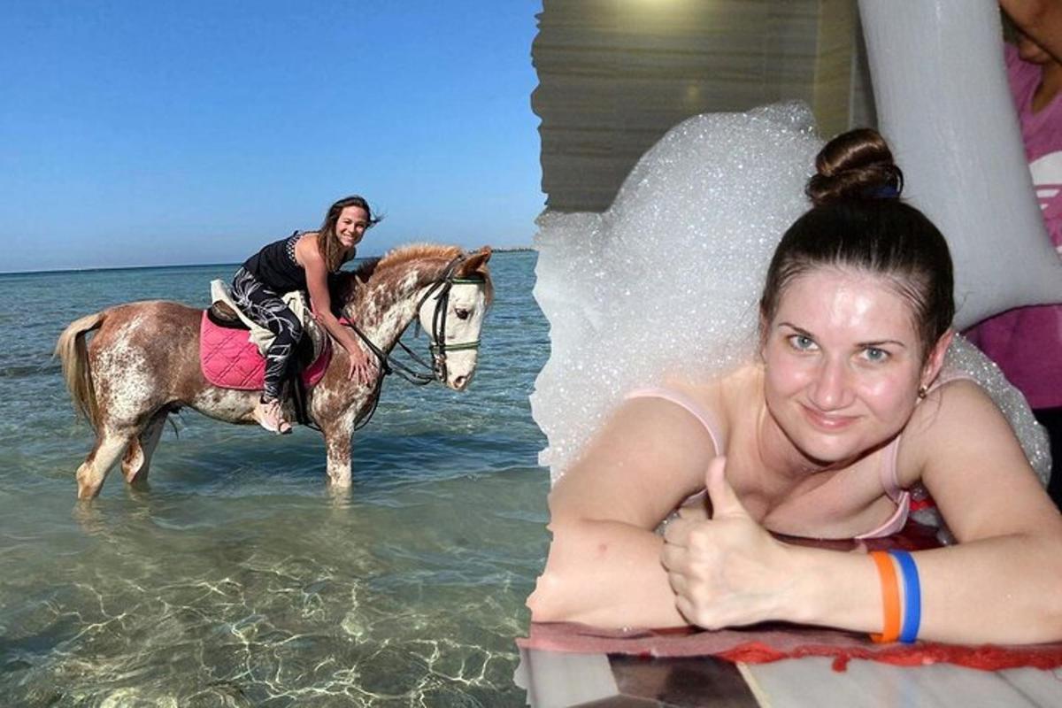 a woman is riding a horse in the water
