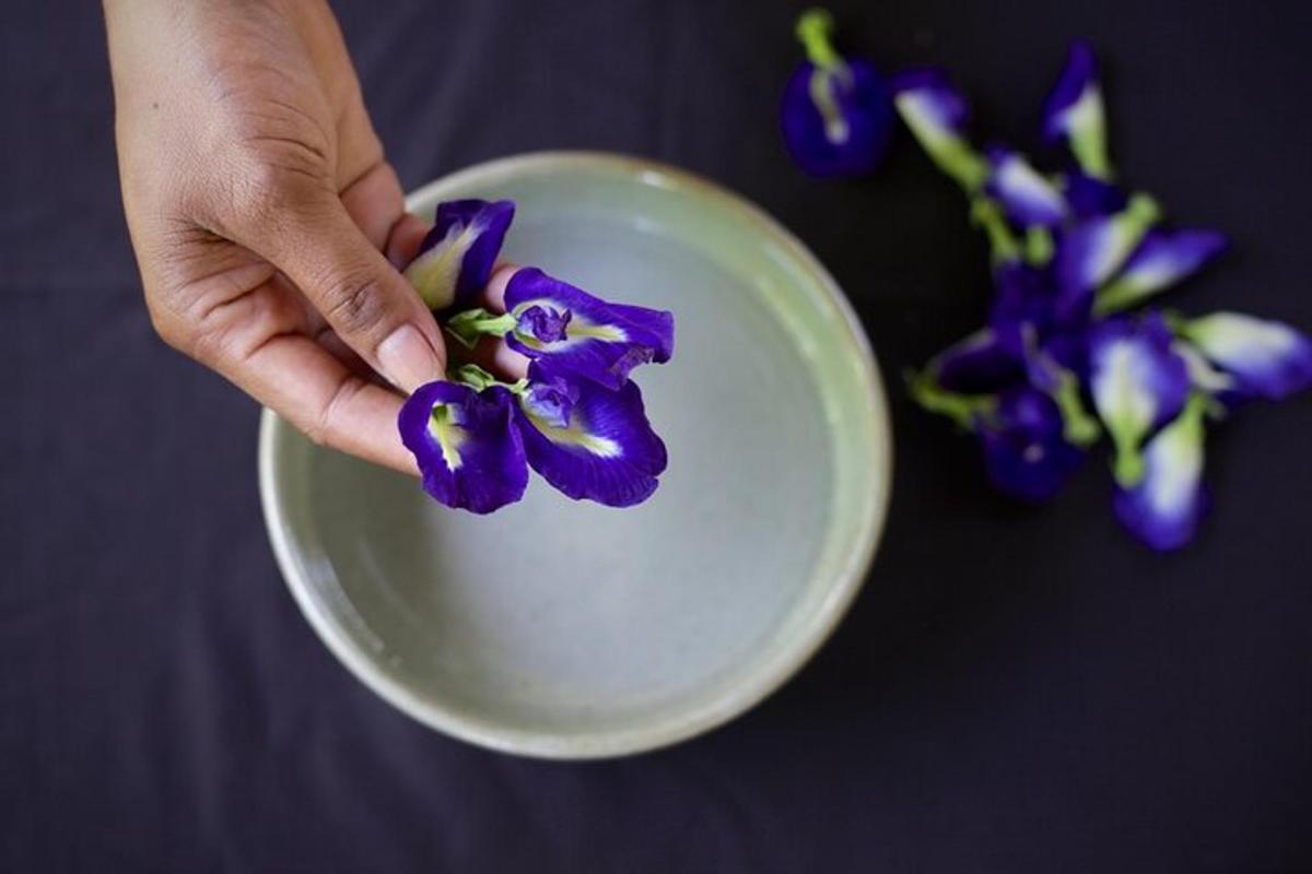 una persona che tiene in mano una ciotola di fiori viola