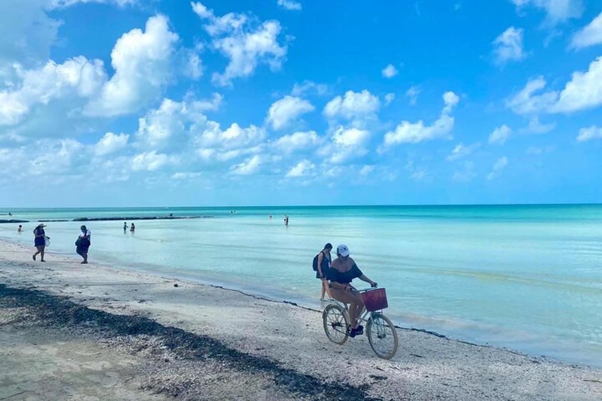 คนกำลังปั่นจักรยานอยู่บนชายหาด