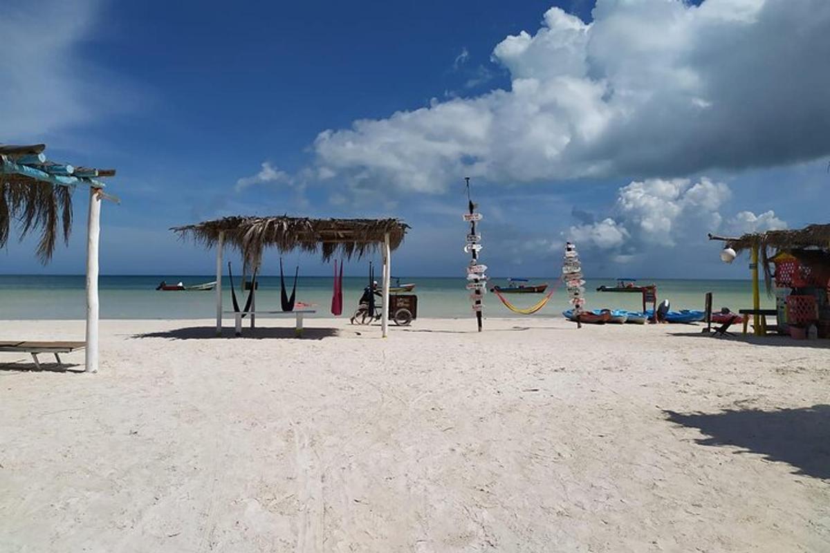 una platja de sorra amb un parc infantil i un gronxador