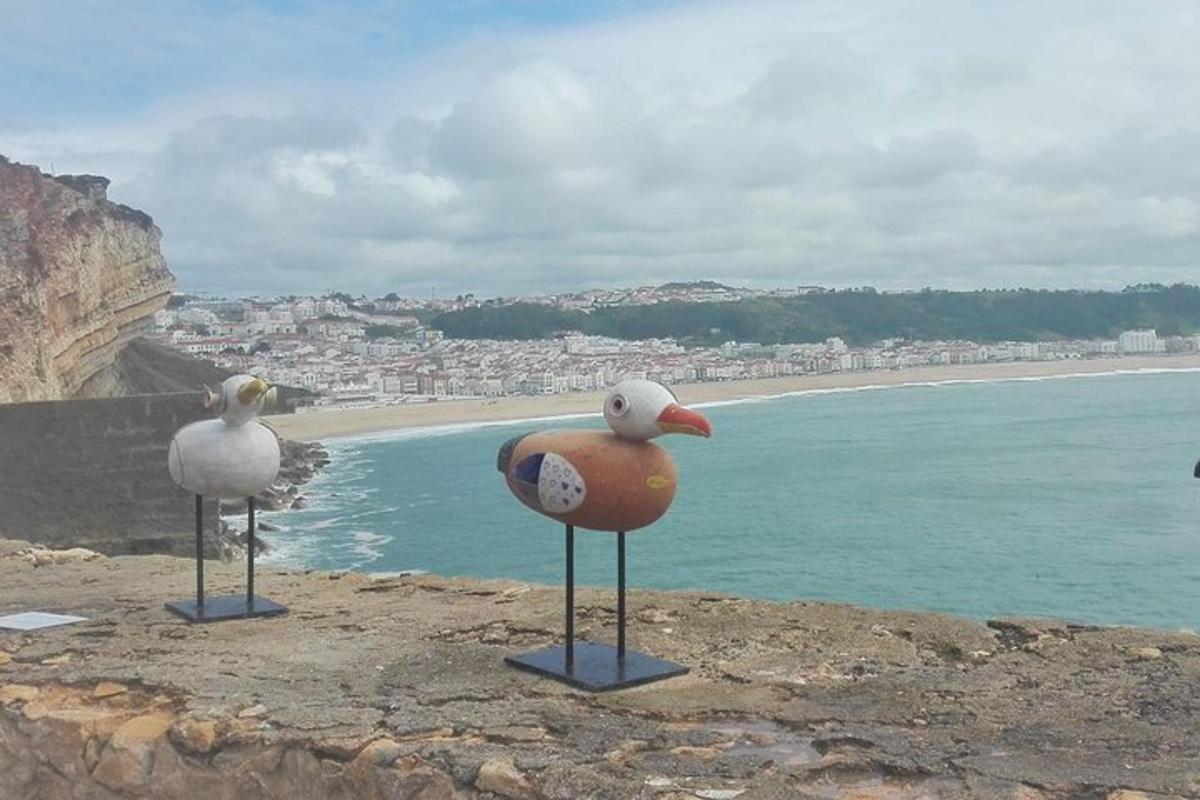dua burung camar duduk di atas tebing yang menghadap ke pantai