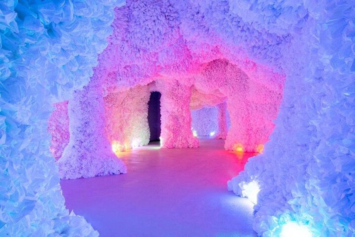 an ice room with pink and purple lights