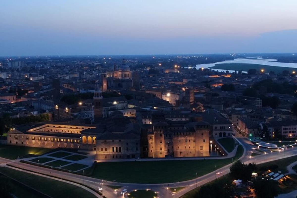 an aerial view of a city at night