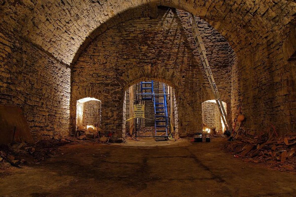 a brick tunnel with a ladder in the middle