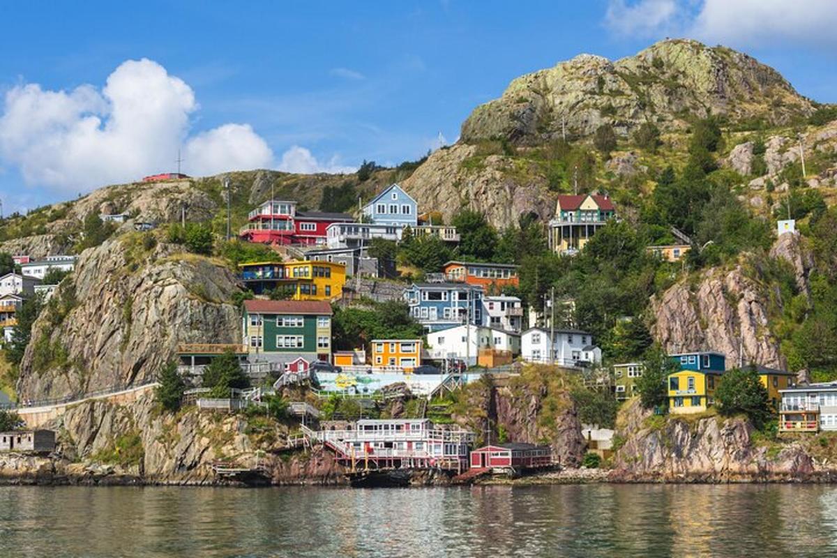 a group of houses on a hill next to the water