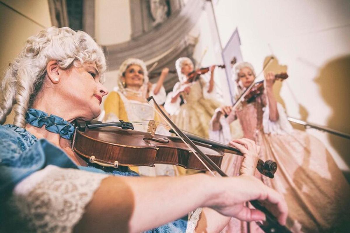 a woman playing a violin in front of a painting