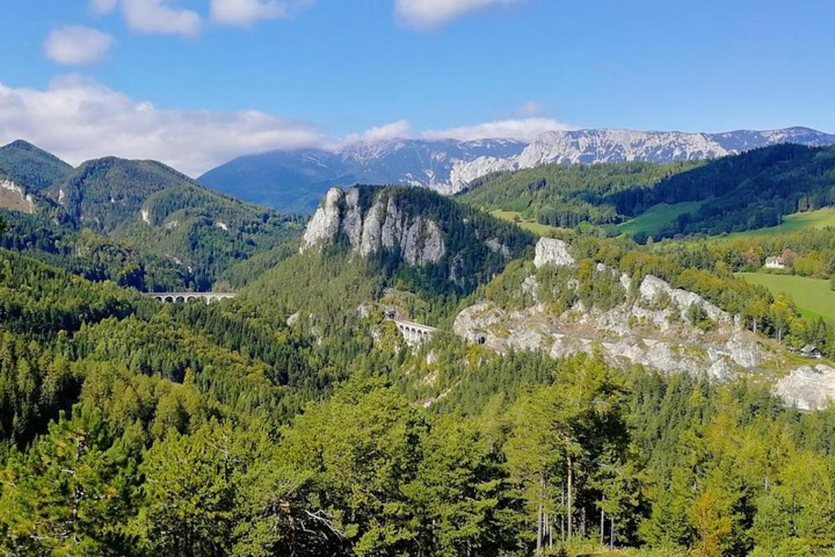 pohled na údolí se stromy a horami