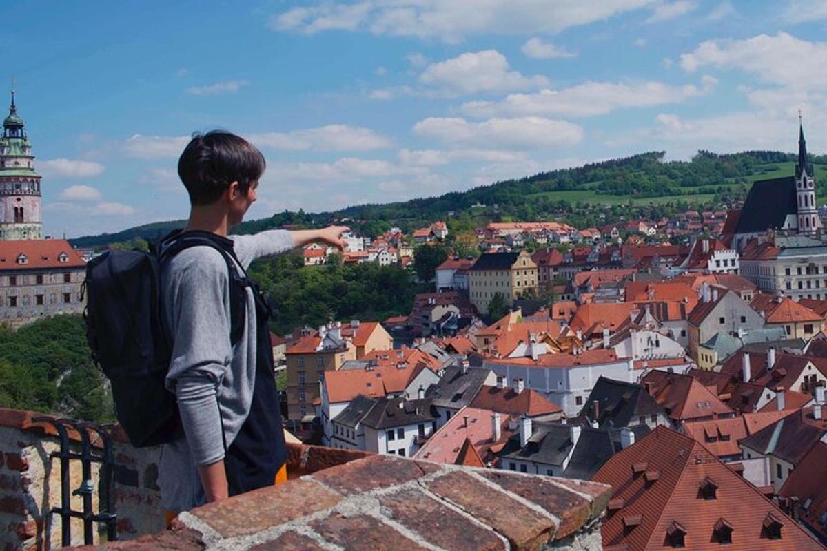 a boy standing on top of a building looking at a city