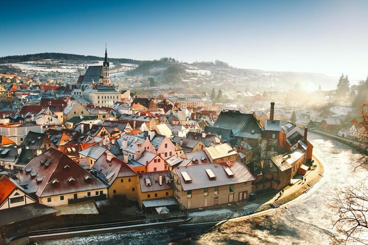 a view of a town with roofs and buildings
