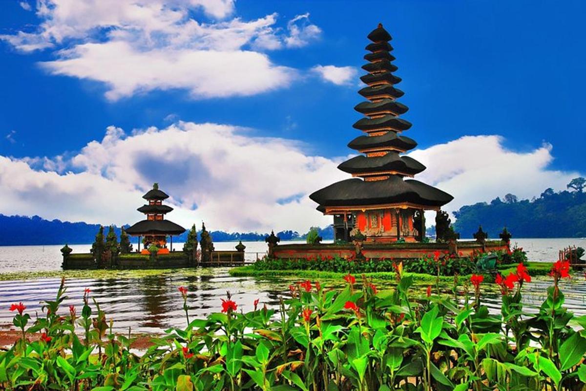 a pagoda in the middle of a body of water with flowers