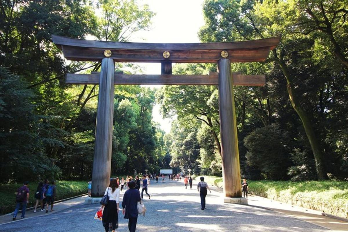 egy torii kapu egy parkban, ahol sétáló emberek vannak