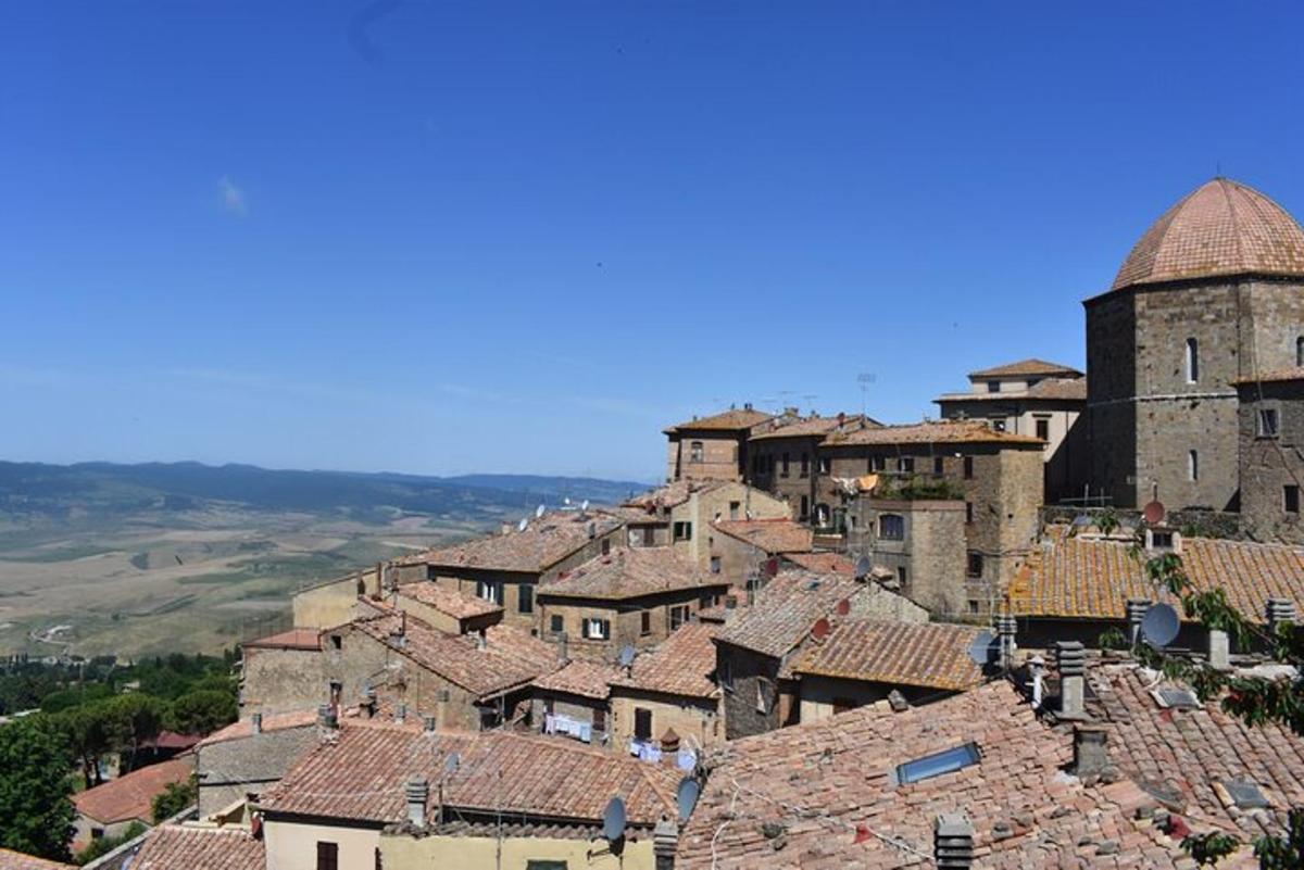 una vista d'un poble amb una torre i teulades