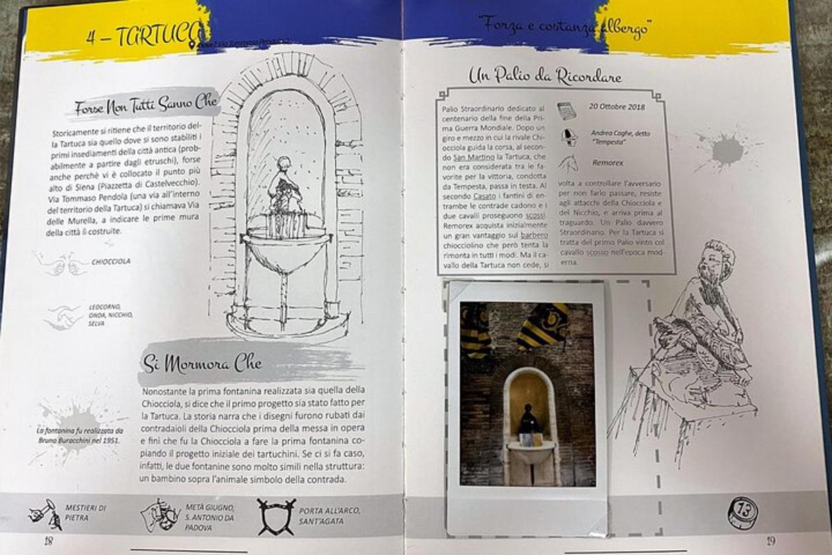 Un libro abierto con un dibujo de una fuente.