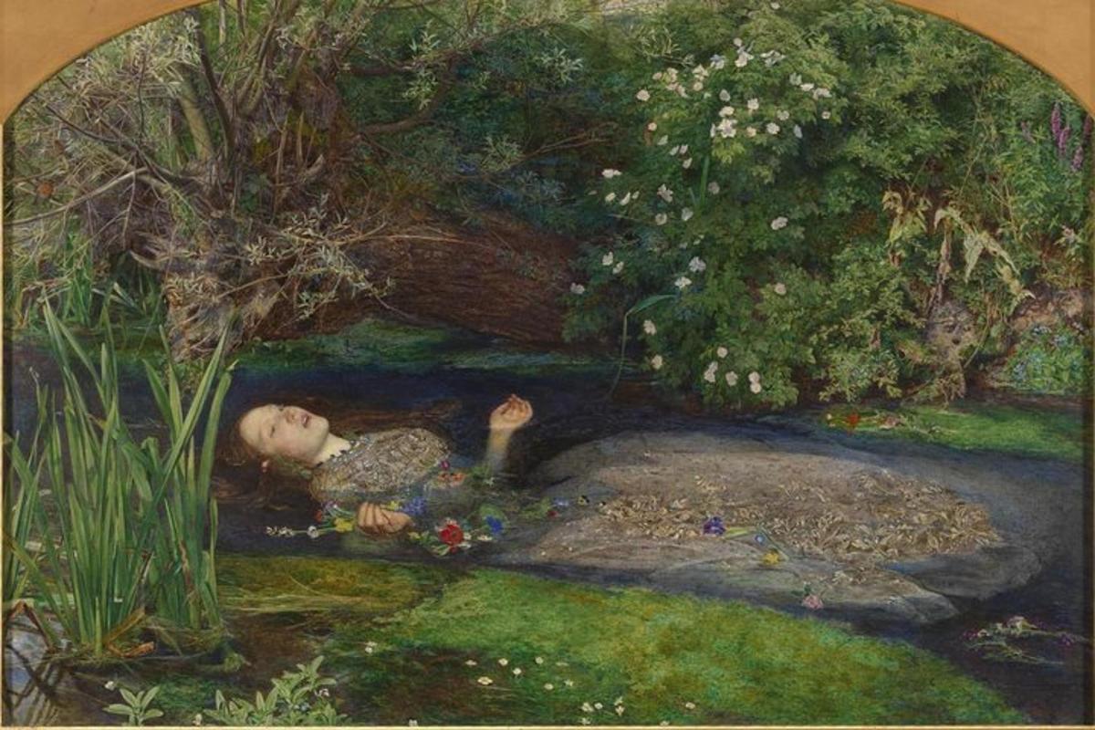 un dipinto di un uomo sdraiato in un ruscello in un giardino