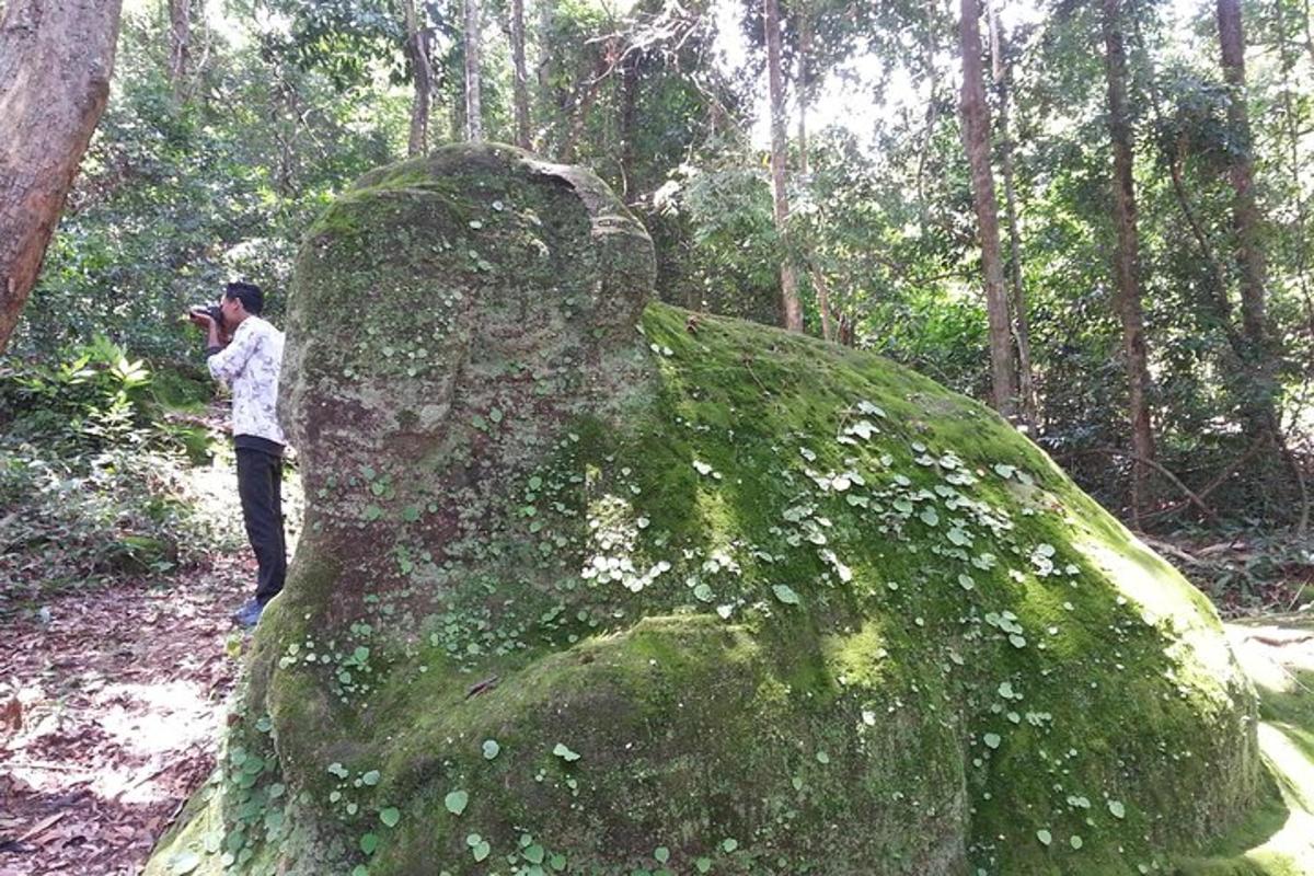 un uomo che scatta una foto di una grande roccia ricoperta di muschio