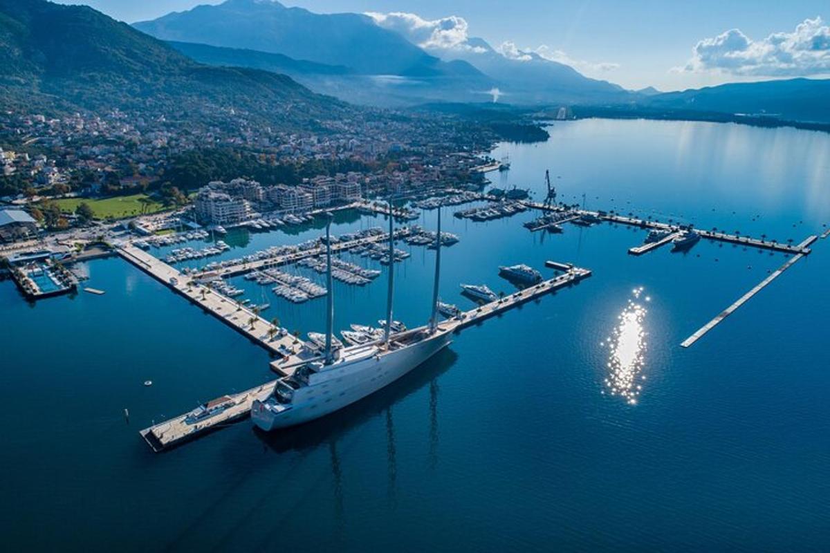uma vista aérea de uma marina com um grande navio de cruzeiro