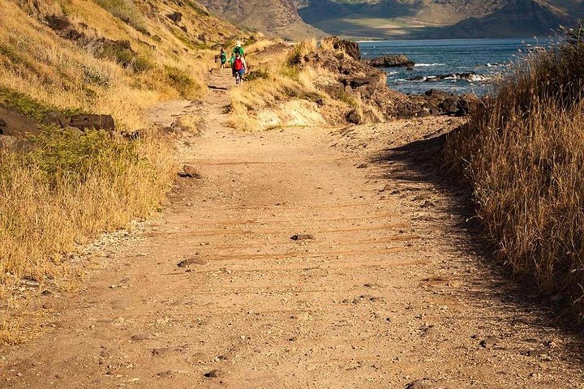 una strada sterrata vicino all'oceano con persone in bicicletta