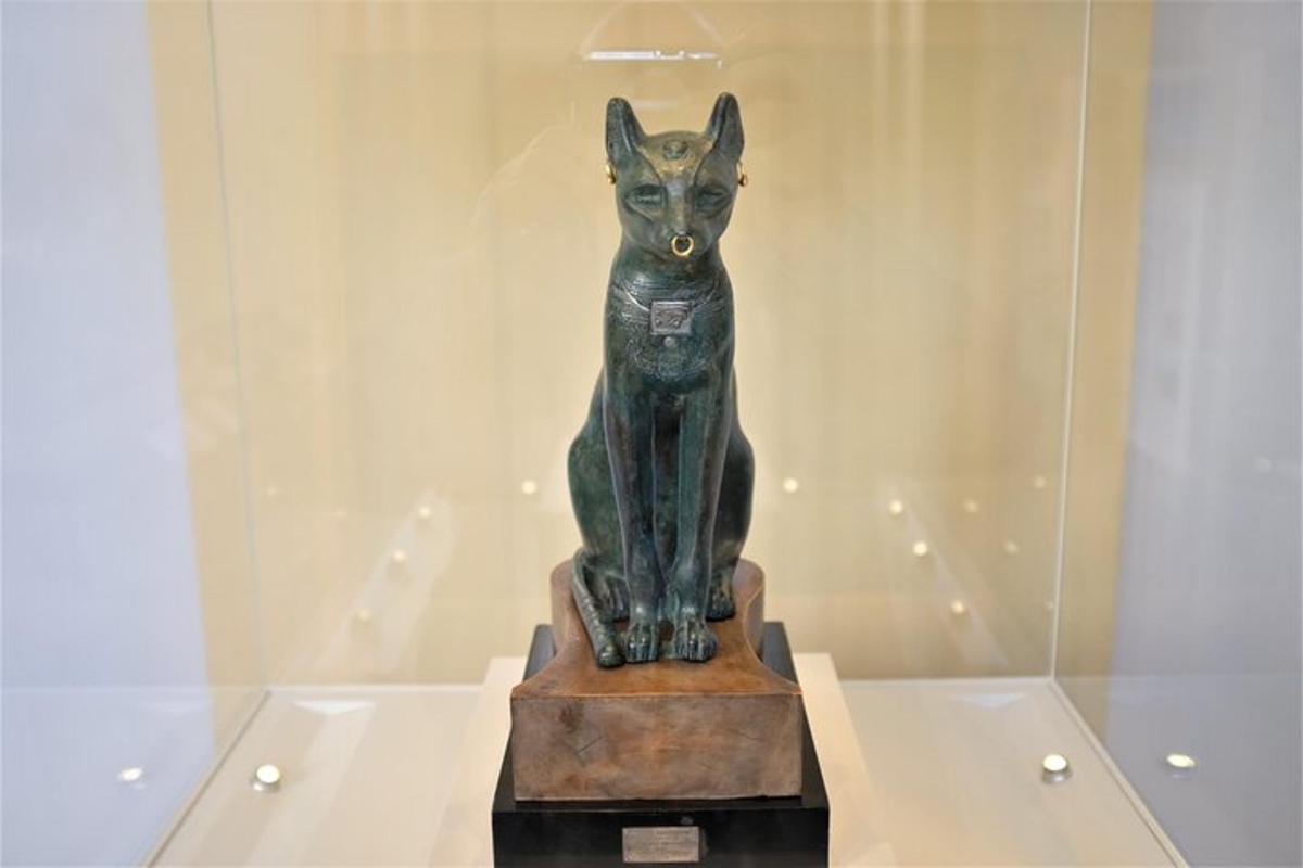 uma estátua de um gato em exposição em uma caixa de vidro