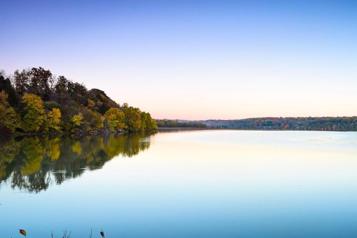 a view of a lake with trees in the distance