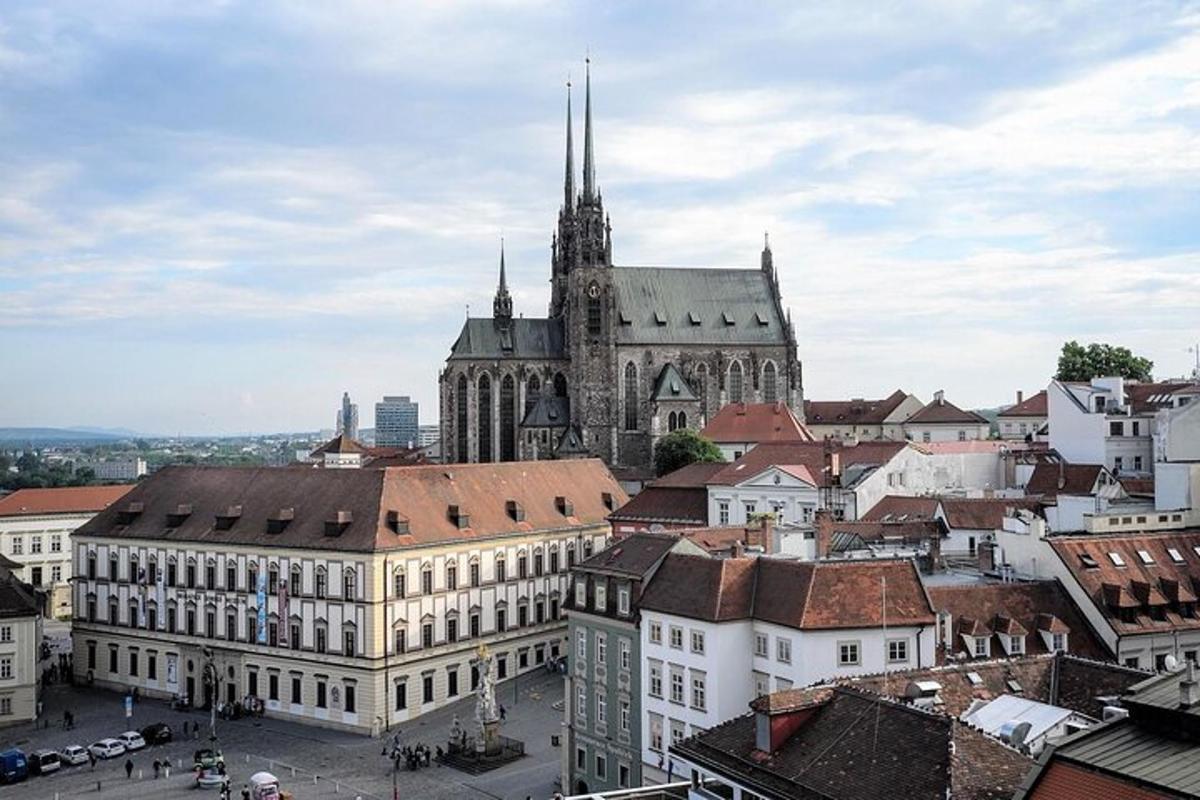 una vista di una città con una cattedrale e degli edifici