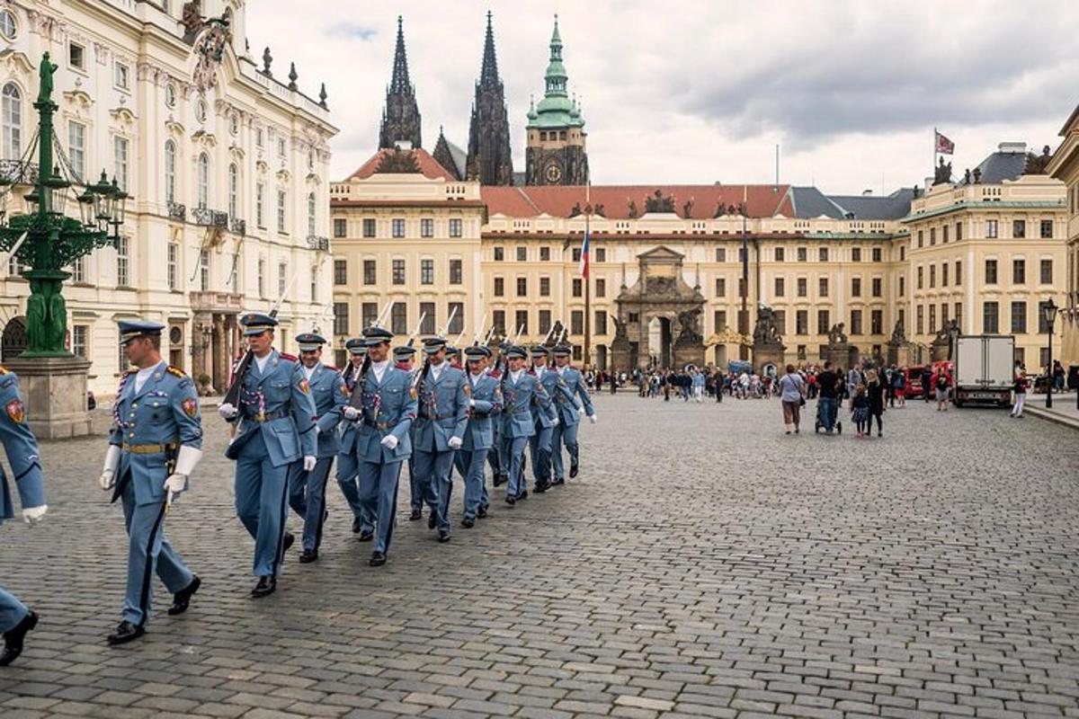 a group of military personnel walking down a street
