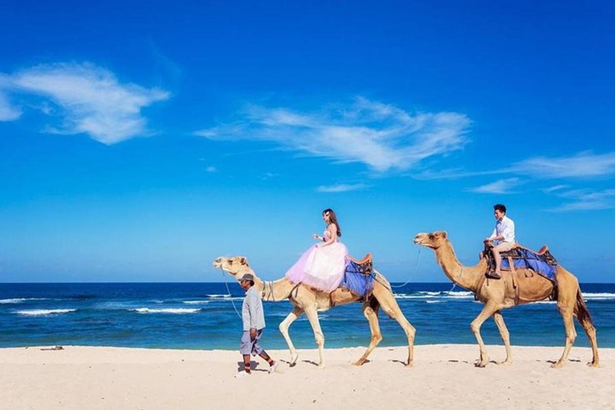 en gruppe mennesker som rir på kameler på stranden
