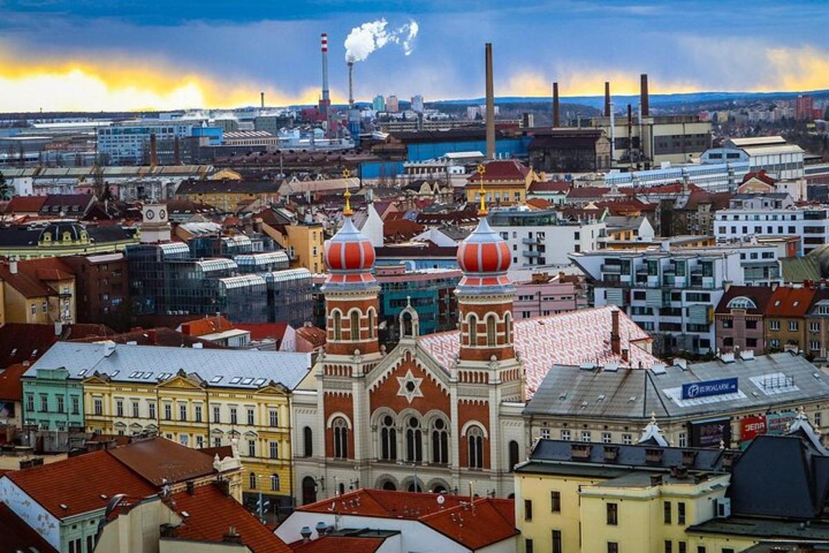 a large building with red domes on top of it