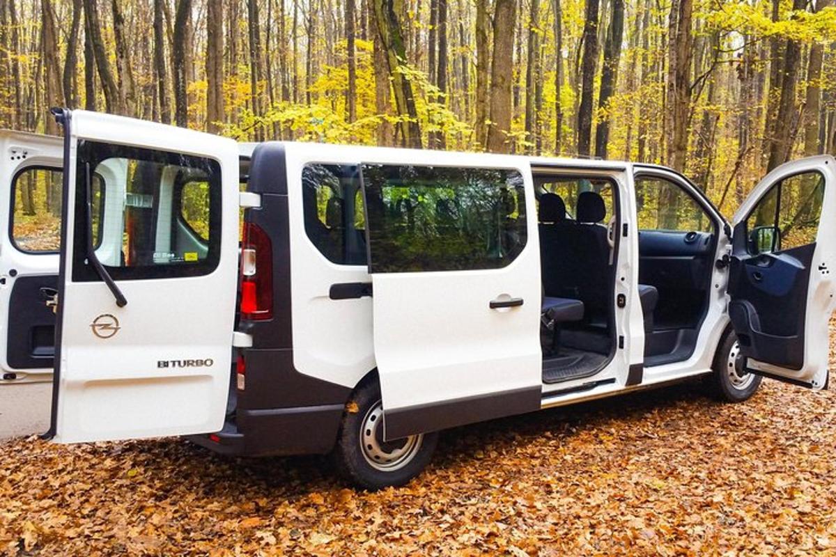 two white doors of a van parked in the woods