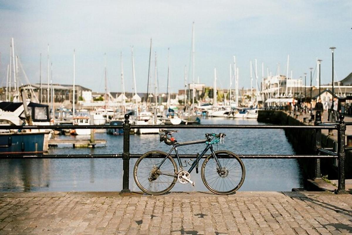 a bike chained to a rail next to a marina