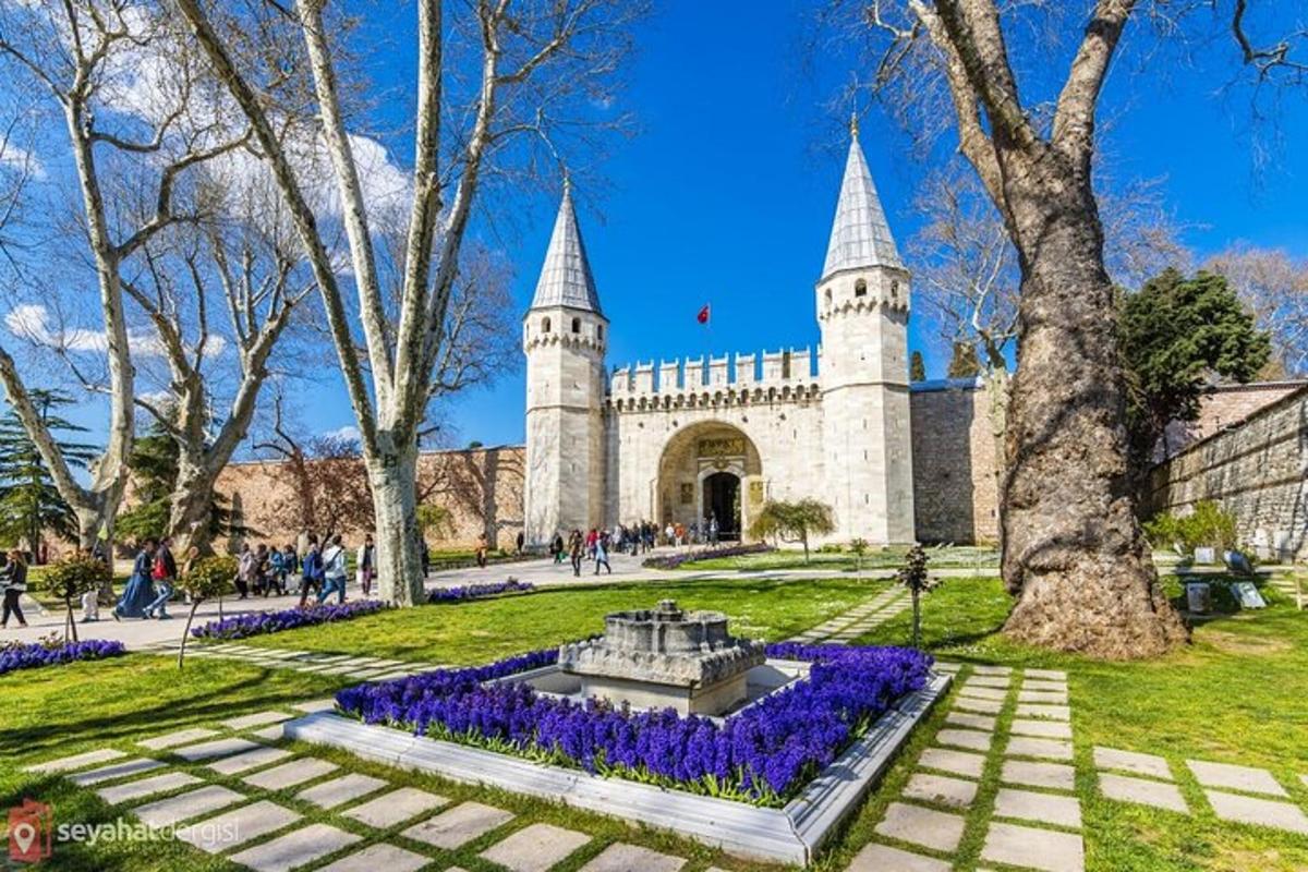 un edifici amb una font en un parc amb flors morades