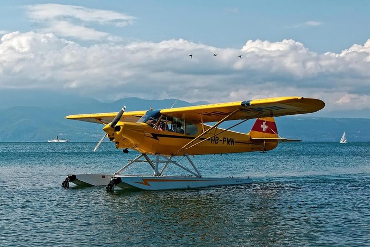 un aereo giallo è seduto nell'acqua