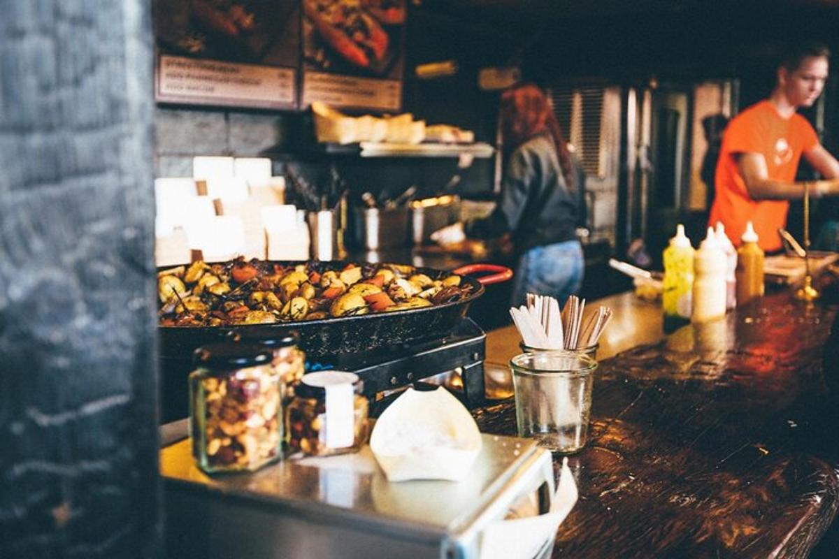 a kitchen with a bunch of food on a counter
