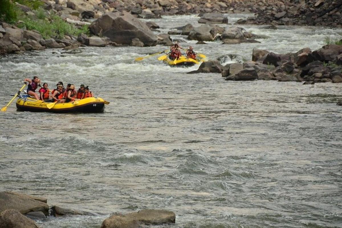 two groups of people on rafts in a river