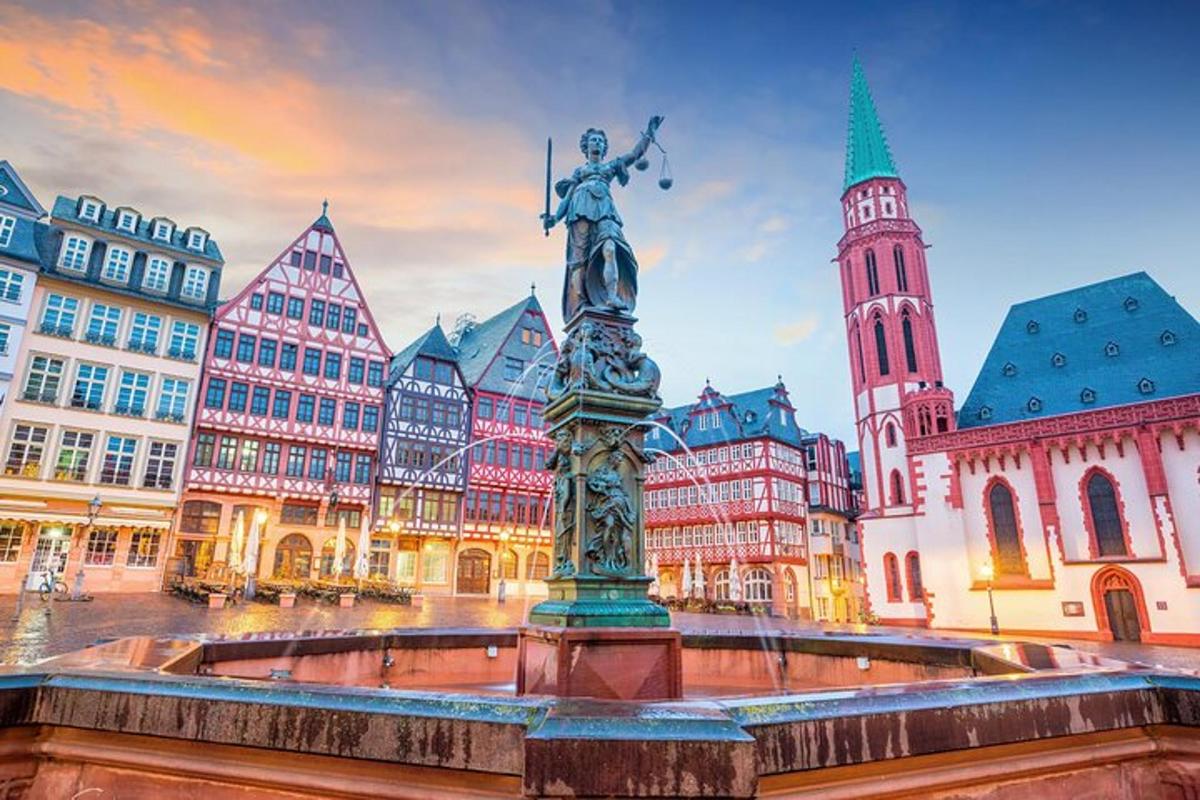a statue in the middle of a city with buildings