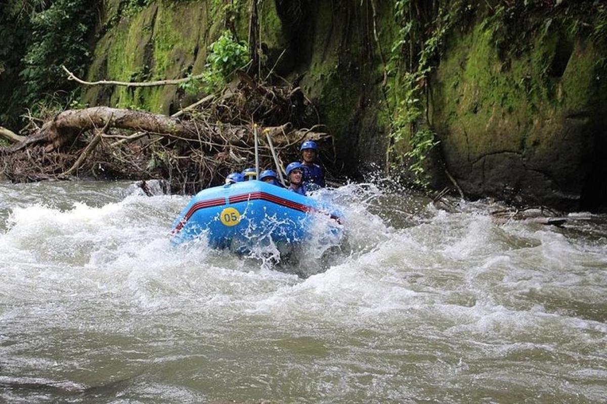 two people in a blue boat in a river
