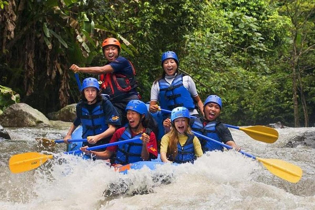 a group of people are rafting on a river