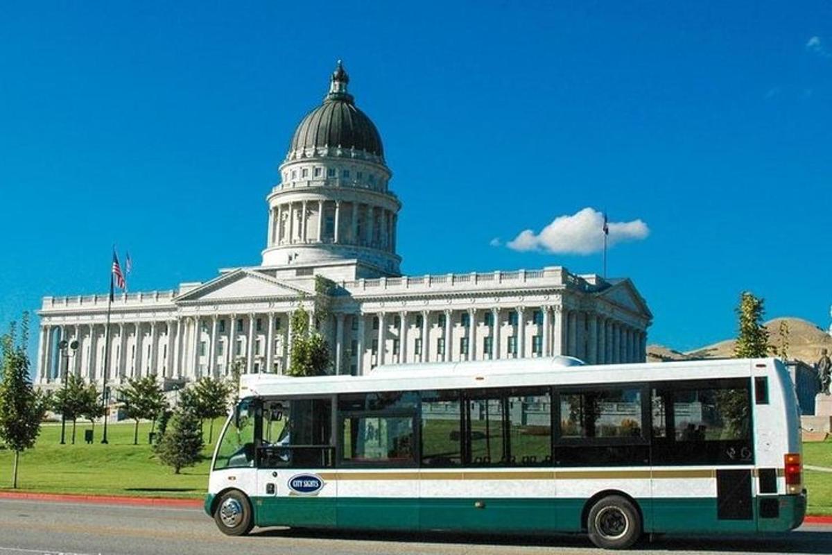 a bus parked in front of a large building