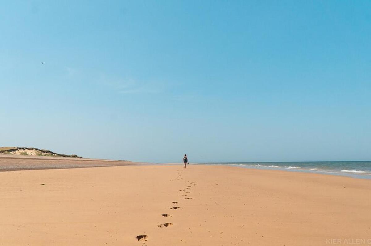 a person walking on the beach with footprints in the sand