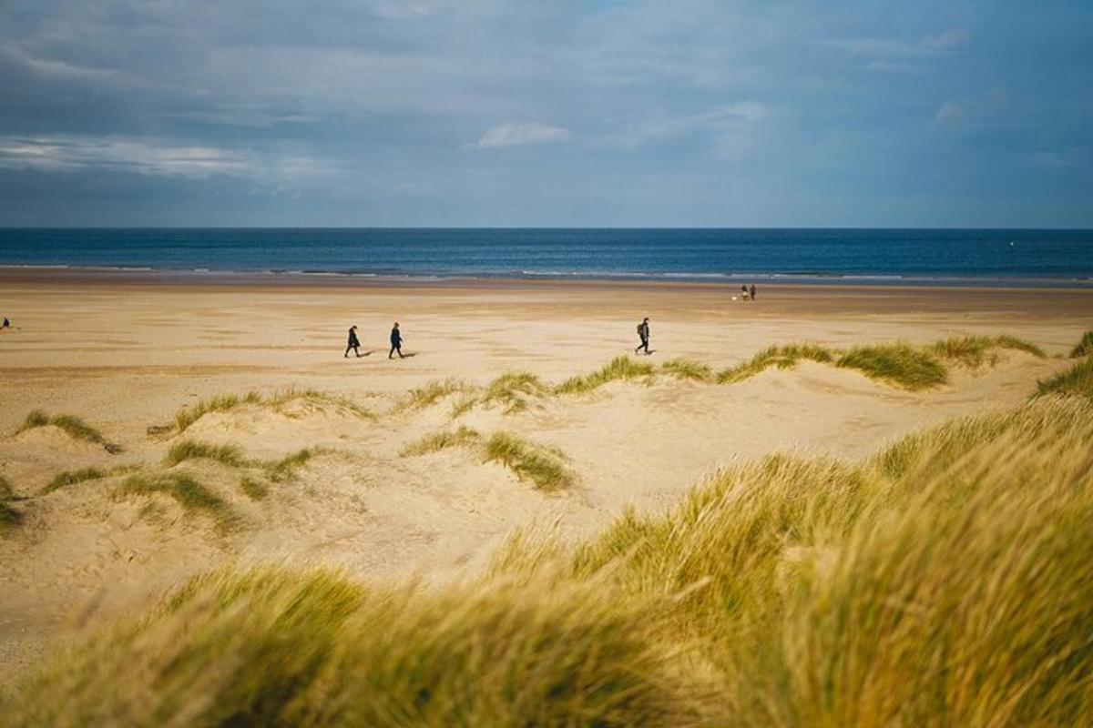 a group of people walking on a beach